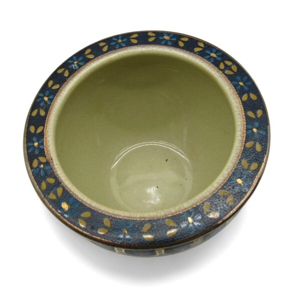 FISH BOWL Ming Dynasty Floral Butterfly Bird Blue And Gold Accents 5" Vintage - Picture 8 of 10